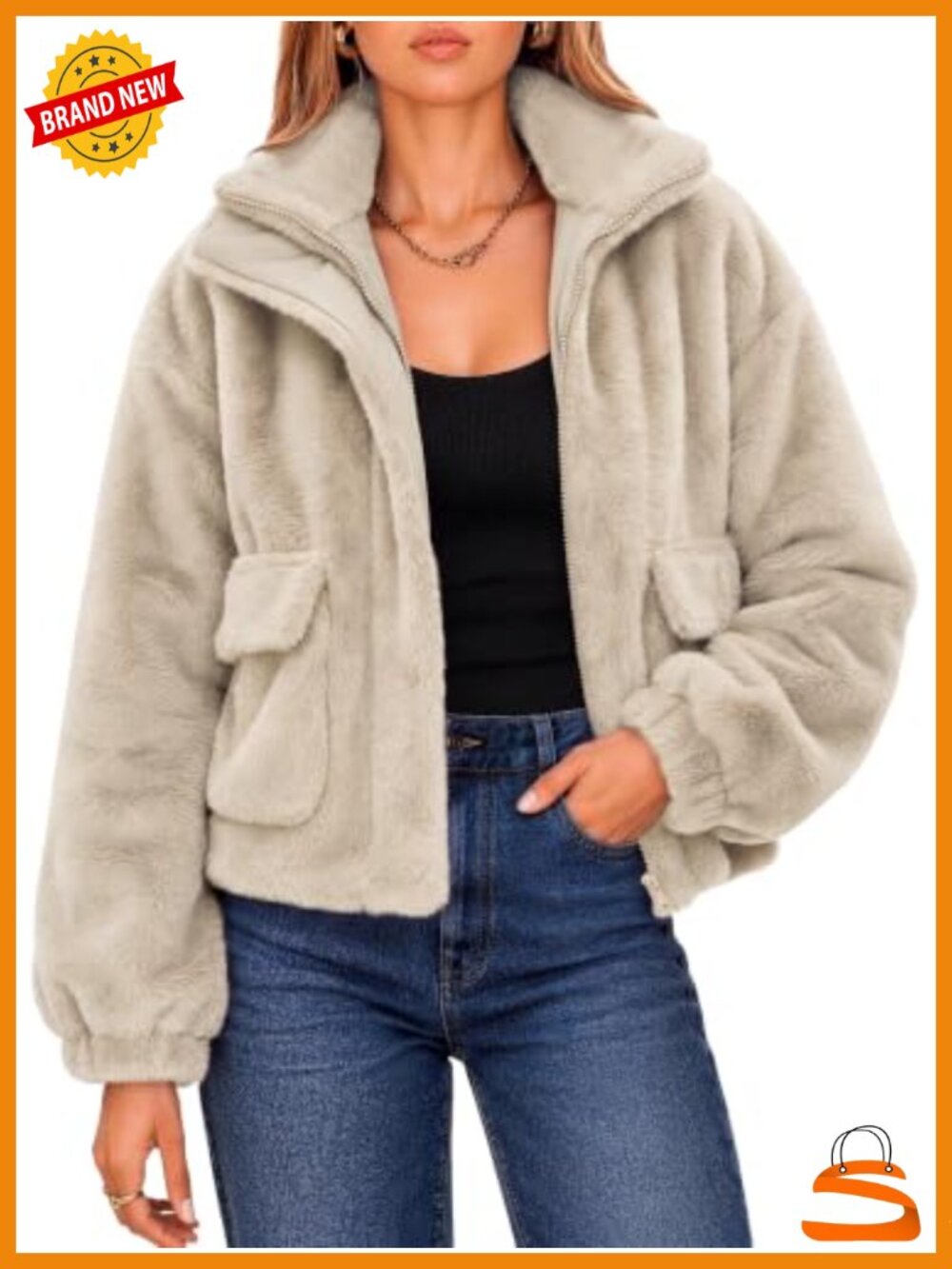 Faux Fur Cropped Zip Up Coat Fuzzy Fluffy Winter Jacket